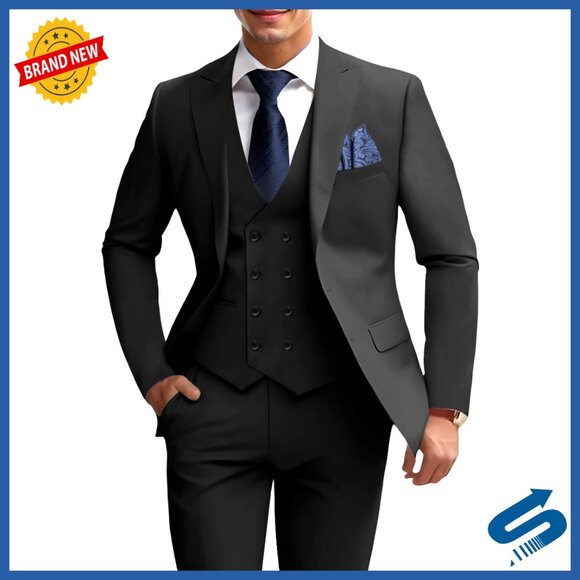 Slim Fit 3-Piece Suit Set with Double Breasted Vest and Blazer
